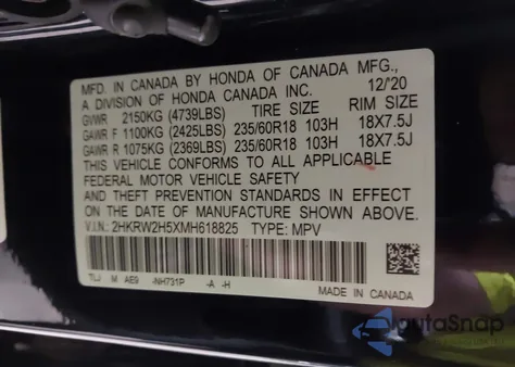 2021 Honda Cr-V Awd Ex из США, поврежденный, VIN 2HKRW2H5XMH618825